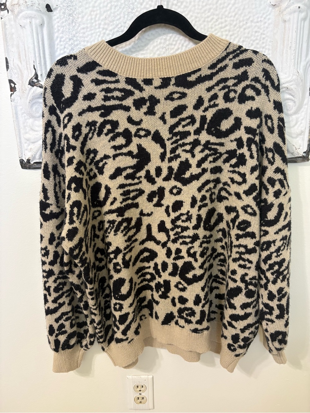 Main Strip Beige and Black Leopard-Print Crewneck Sweater